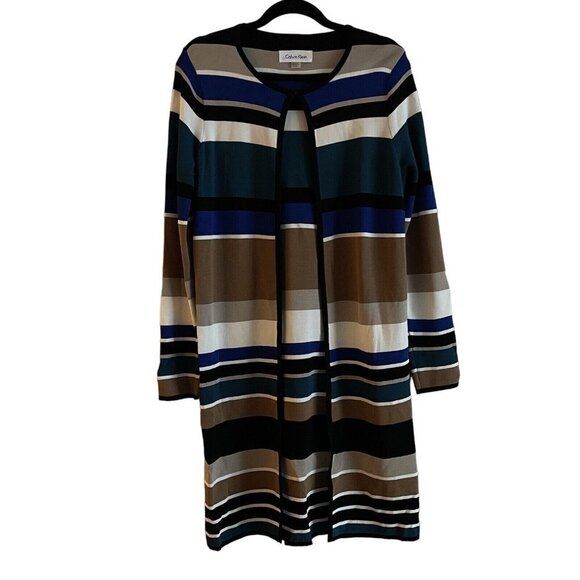 Calvin Klein Wmn S Multicolor Striped Long Sleeve Knee Length Open Front Sweater - Picture 1 of 9